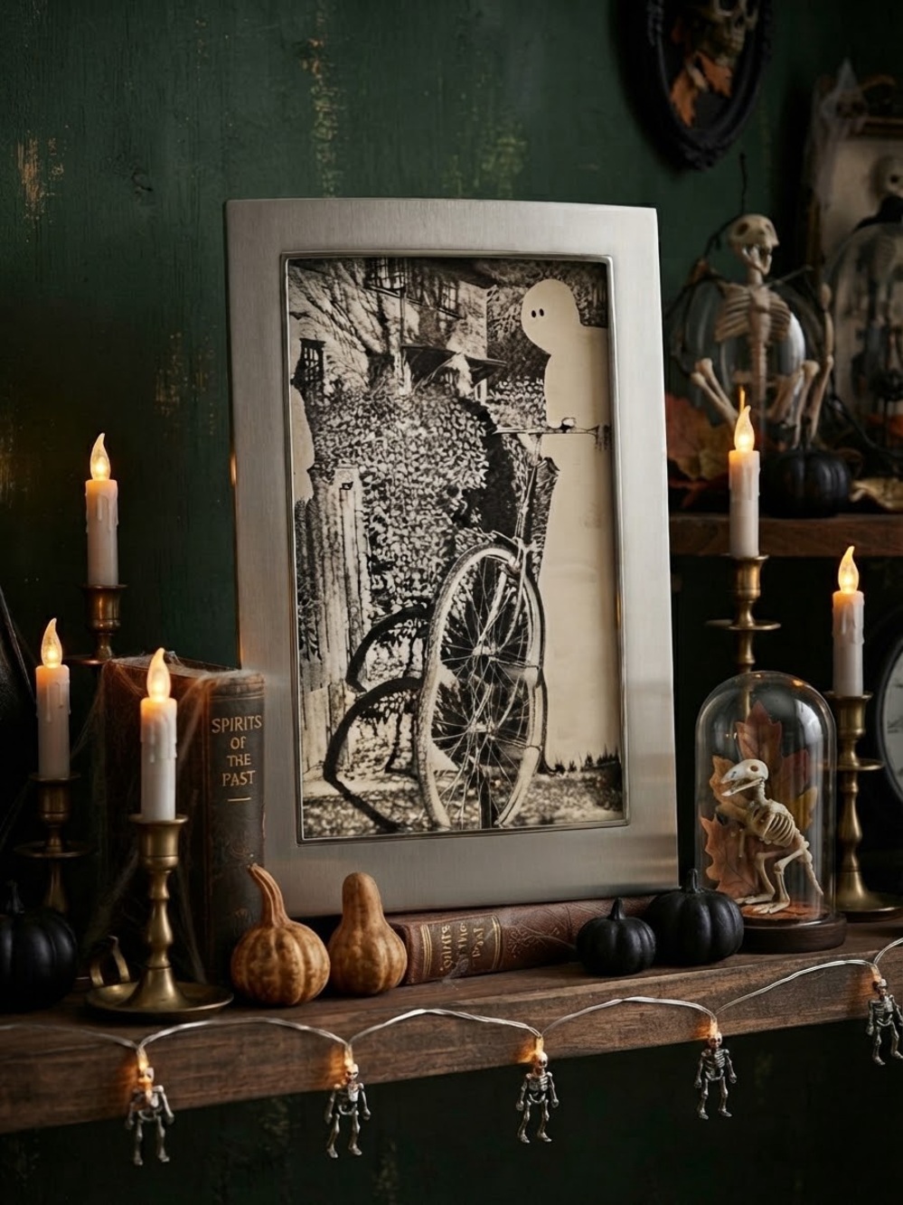 Halloween decor ghost going for a ride on a bike, antique silver color frame